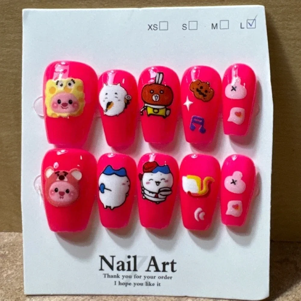 Hot Pink Kawaii Cartoon Character Press On Nails Coffin Shape Size Large‎ 10pc